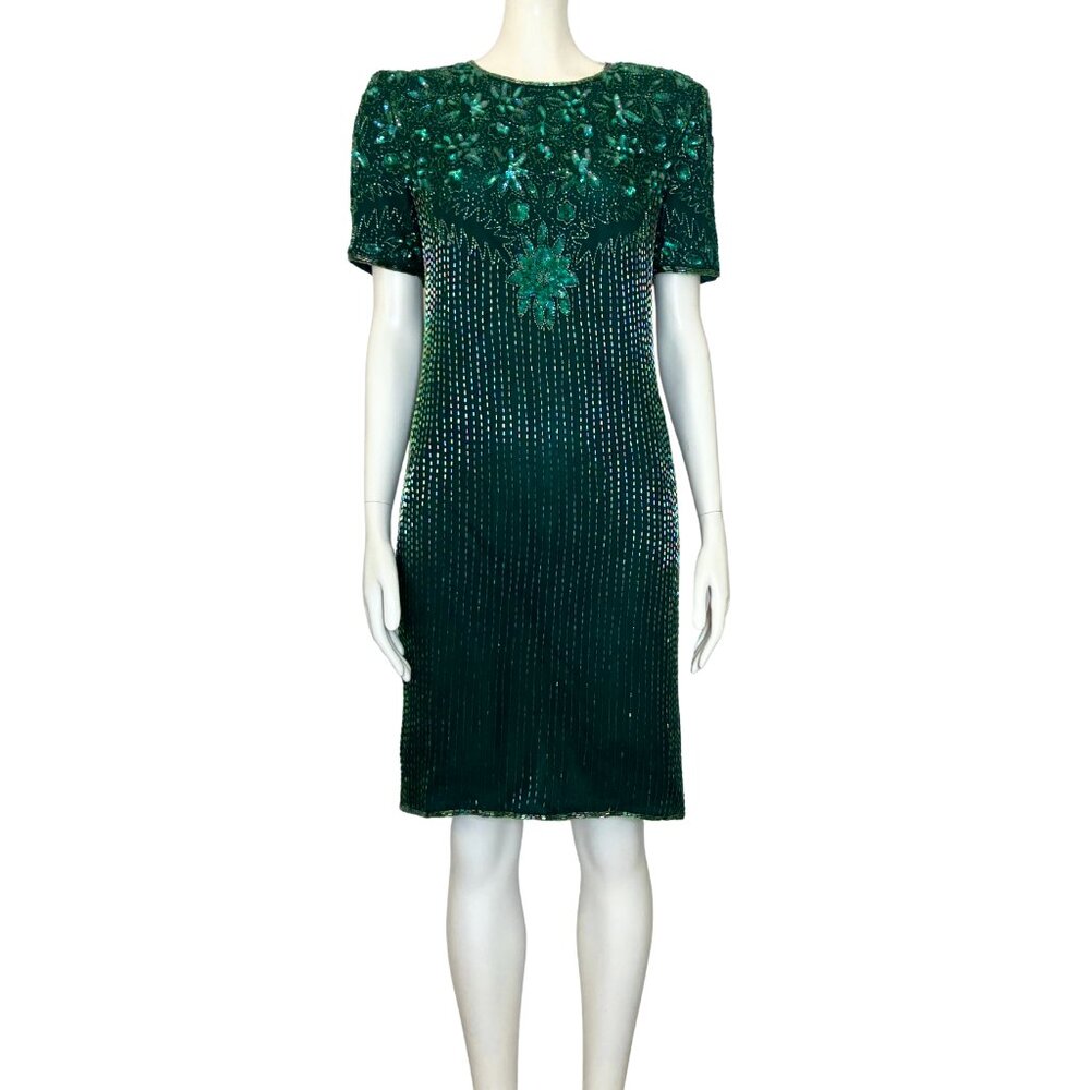 Vintage 80s 90s 100% Silk Green Beaded Papell Cocktail Dress. XS/S 4. Art Deco